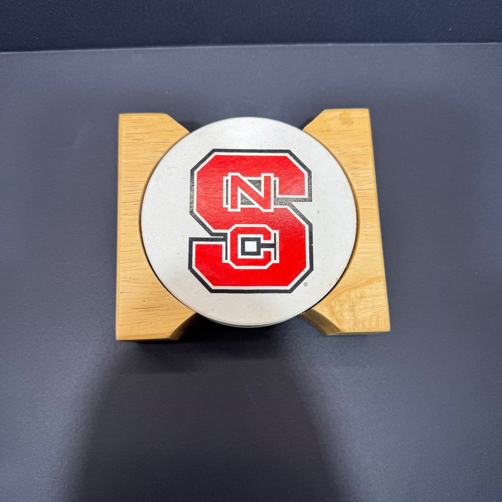 NC State Wolfpack Coaster Set 4 Piece Red White Block S Logo Wood Holder Cork
